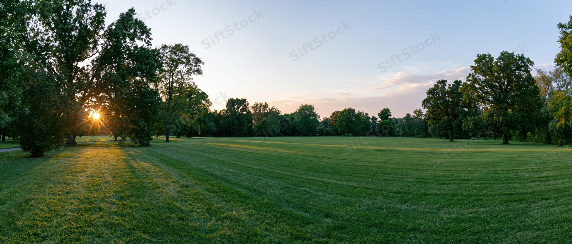 Expansive grassy park at sunset with trees lining the horizon