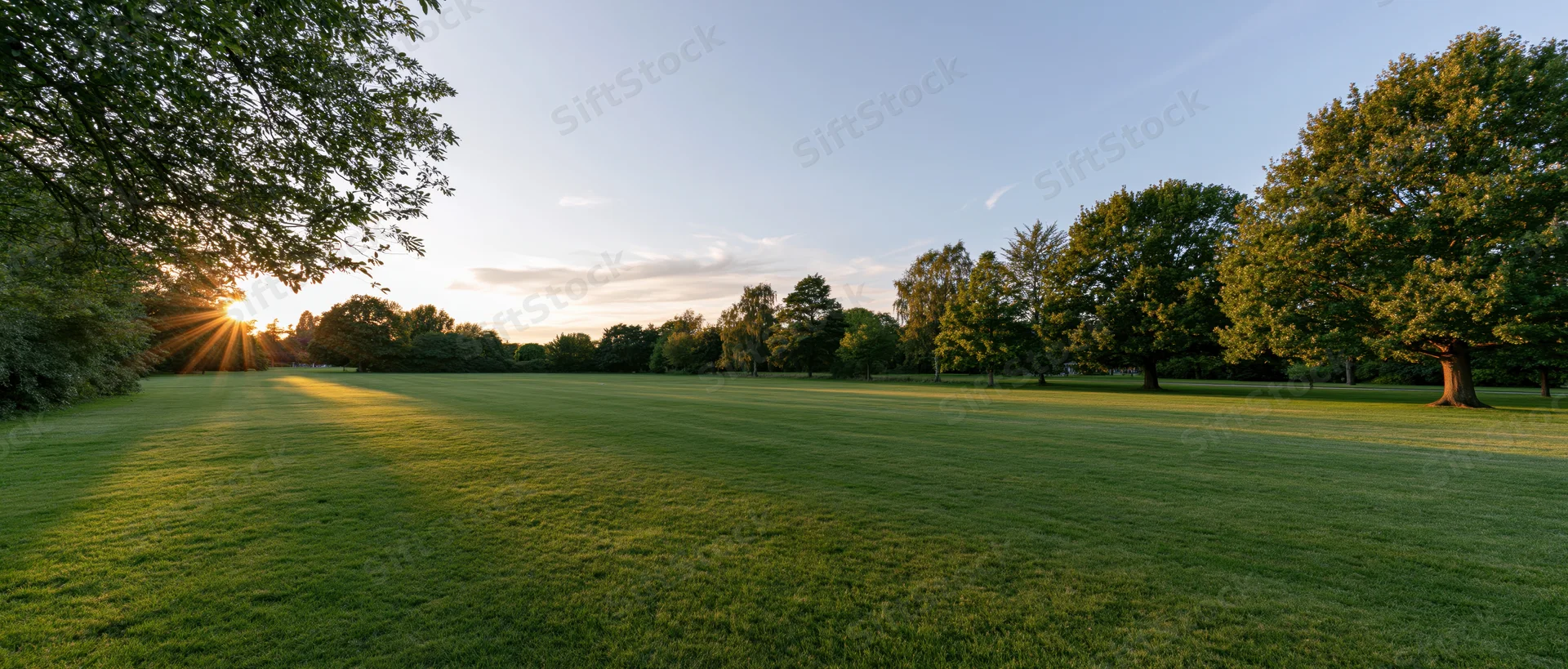Expansive green lawn bordered by trees with sunlight streaming through at sunrise in a park
