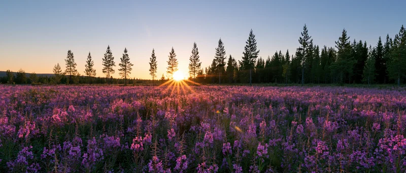 Fireweed field blooming at sunset with pine trees on the horizon