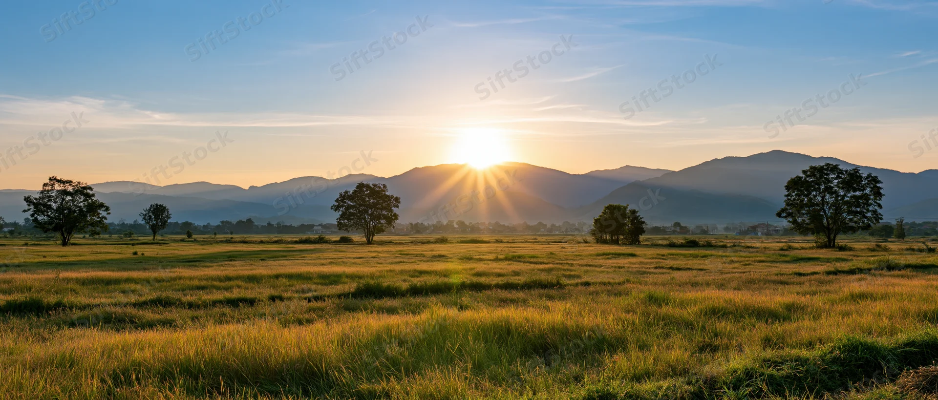 Sunrise over a grassy field with scattered trees and distant mountains in the background