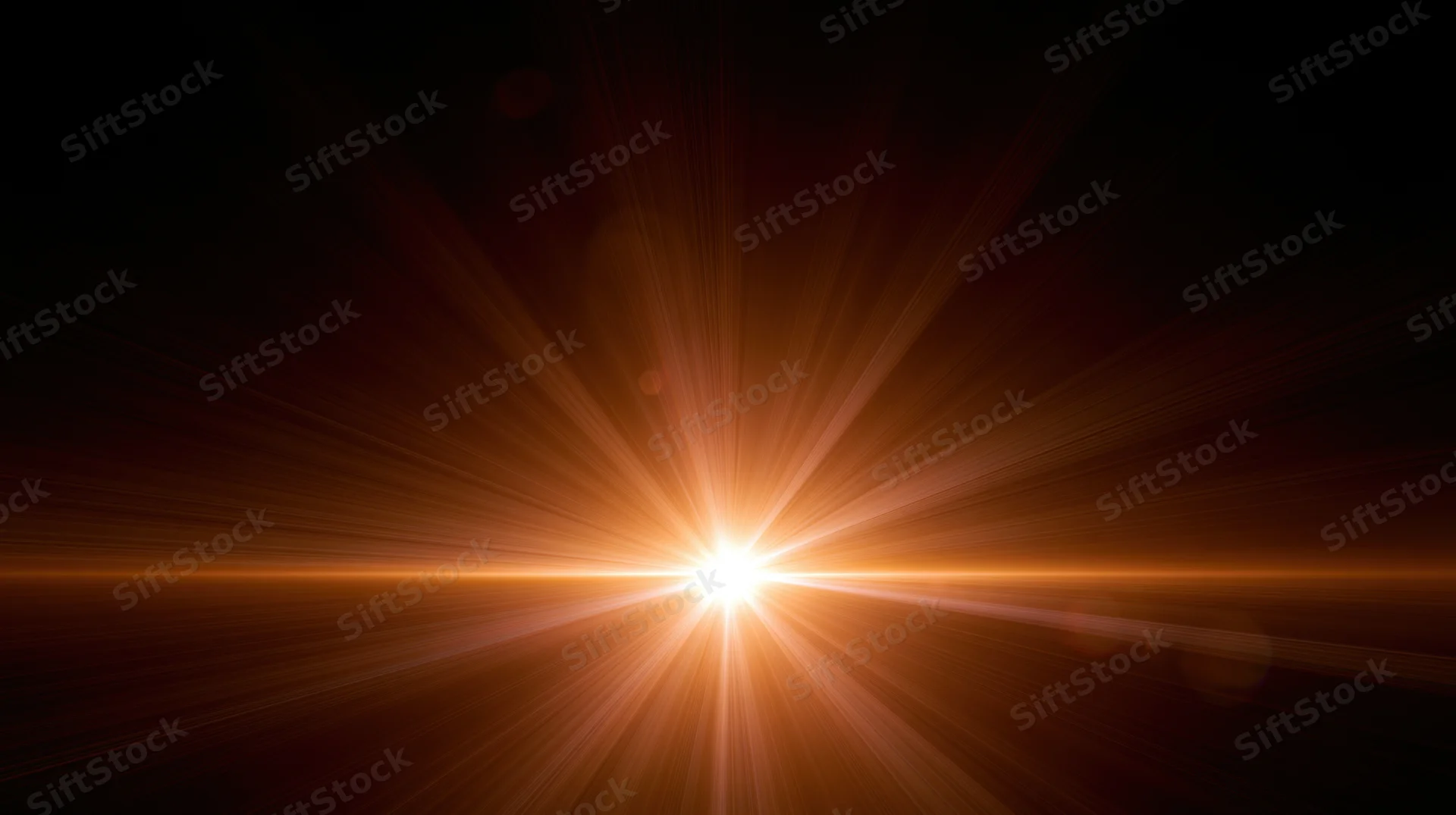 Bright orange light burst radiating from center against dark background with horizontal flare and copyspace