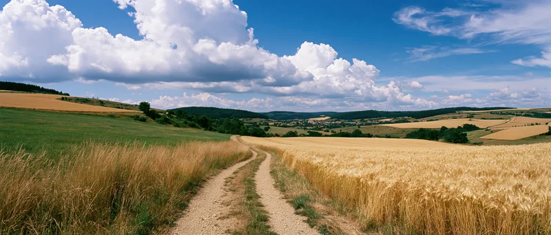 Dirt path winding through golden wheat field in rural countryside under blue sky with white clouds