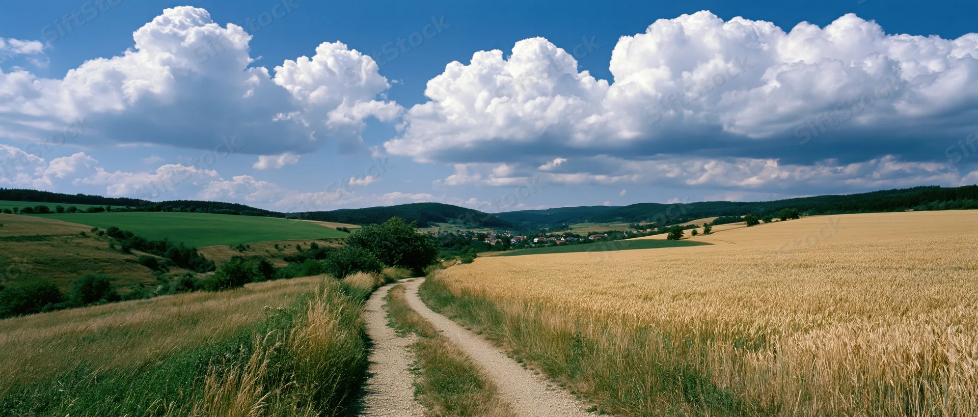 Dirt path through golden wheat field and green meadows under blue sky with clouds