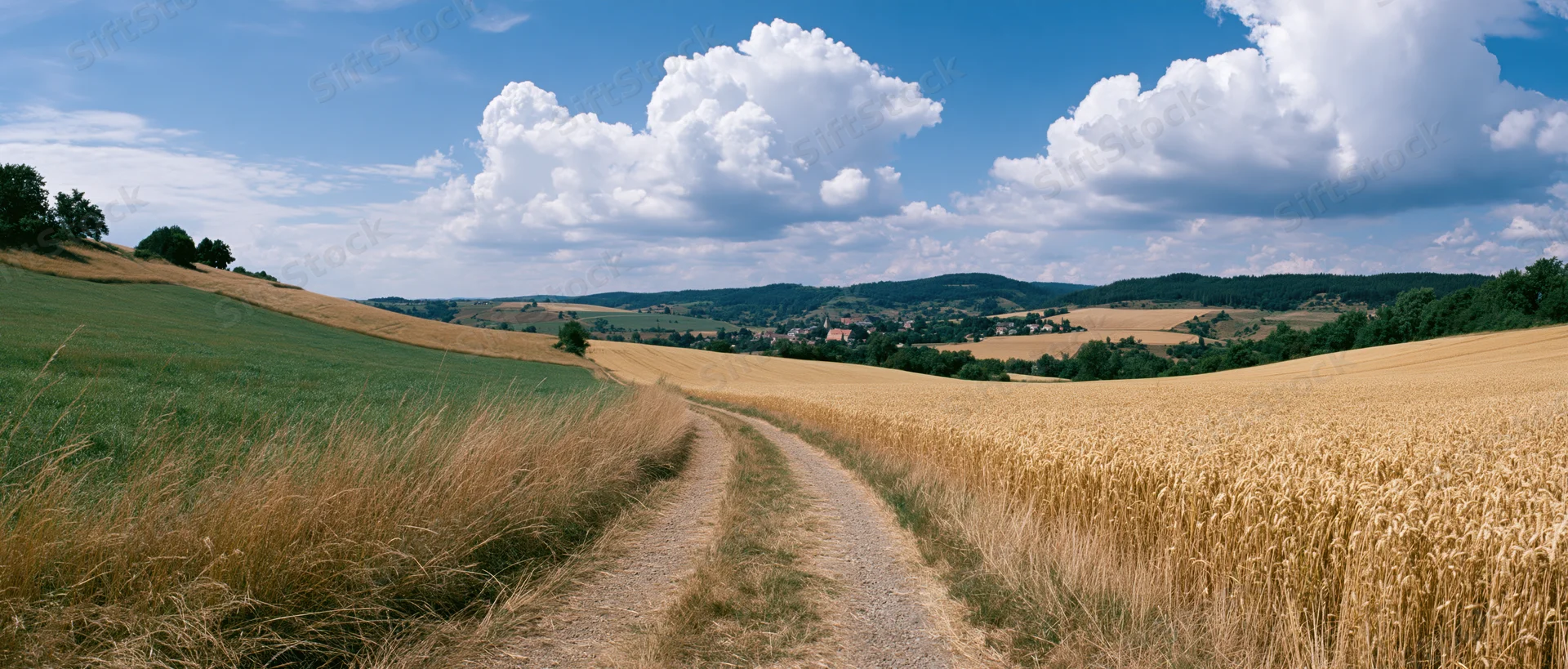 Dirt path winding through golden wheat fields and green hills under a blue sky with white clouds