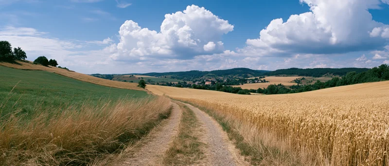 Dirt path winding through golden wheat fields and green hills under a blue sky with white clouds