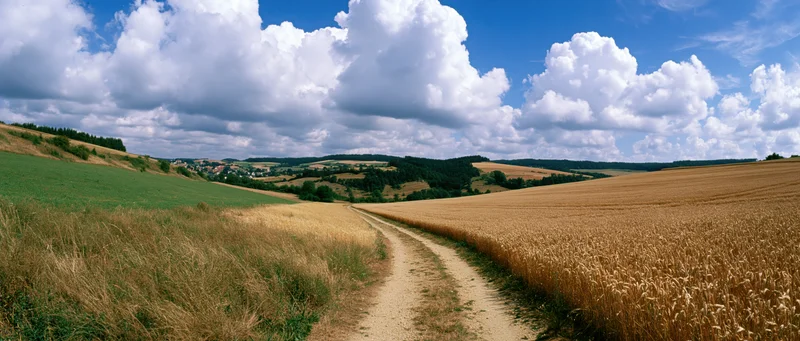 Dirt path winding through golden wheat field and green meadow in rural countryside under blue sky with white clouds