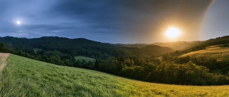Rolling green hills and forested valleys under a twilight sky with sunset glow and rainbow, moon visible in dark clouds
