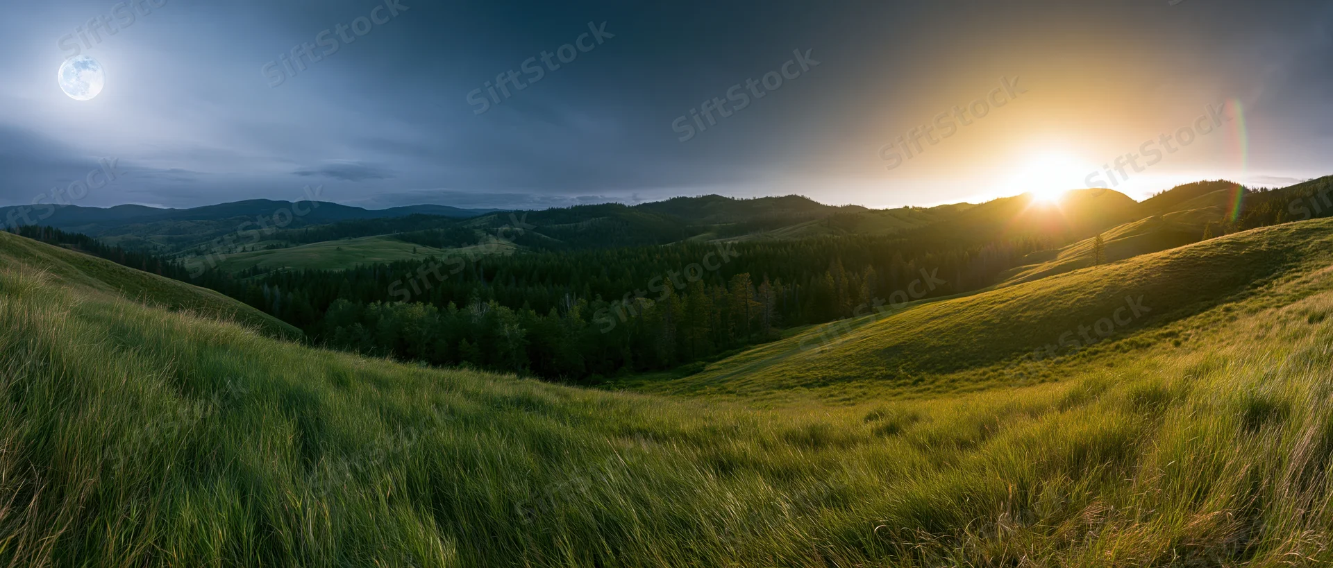 Rolling green hills and forested valley under a twilight sky with sun and moon visible