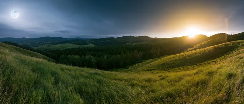 Rolling green hills and forested valley under a twilight sky with sun and moon visible