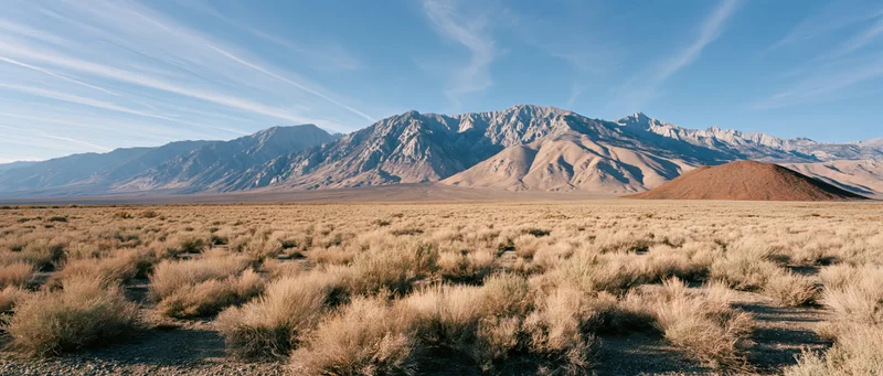 Arid desert landscape with sagebrush and distant mountains under a clear blue sky