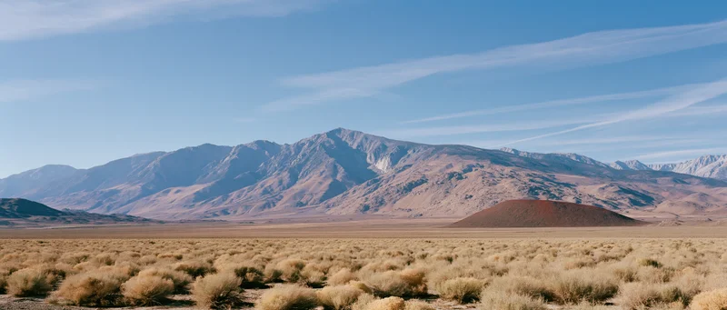 Arid desert landscape with sagebrush shrubs and distant mountains under a clear blue sky