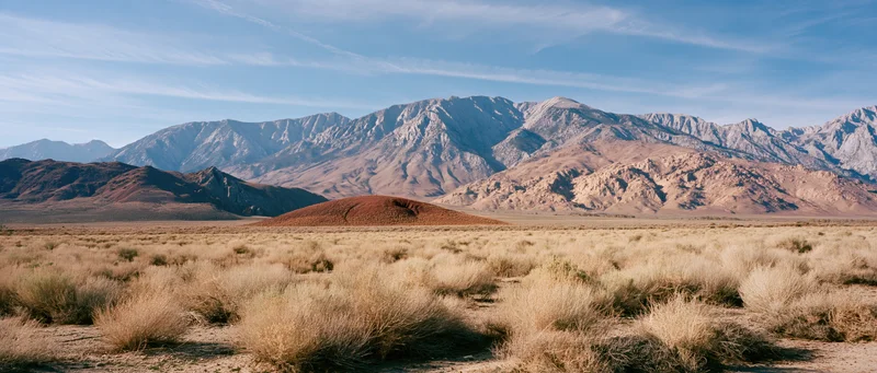 Arid desert landscape with sparse shrubs and distant rocky mountains under a clear blue sky