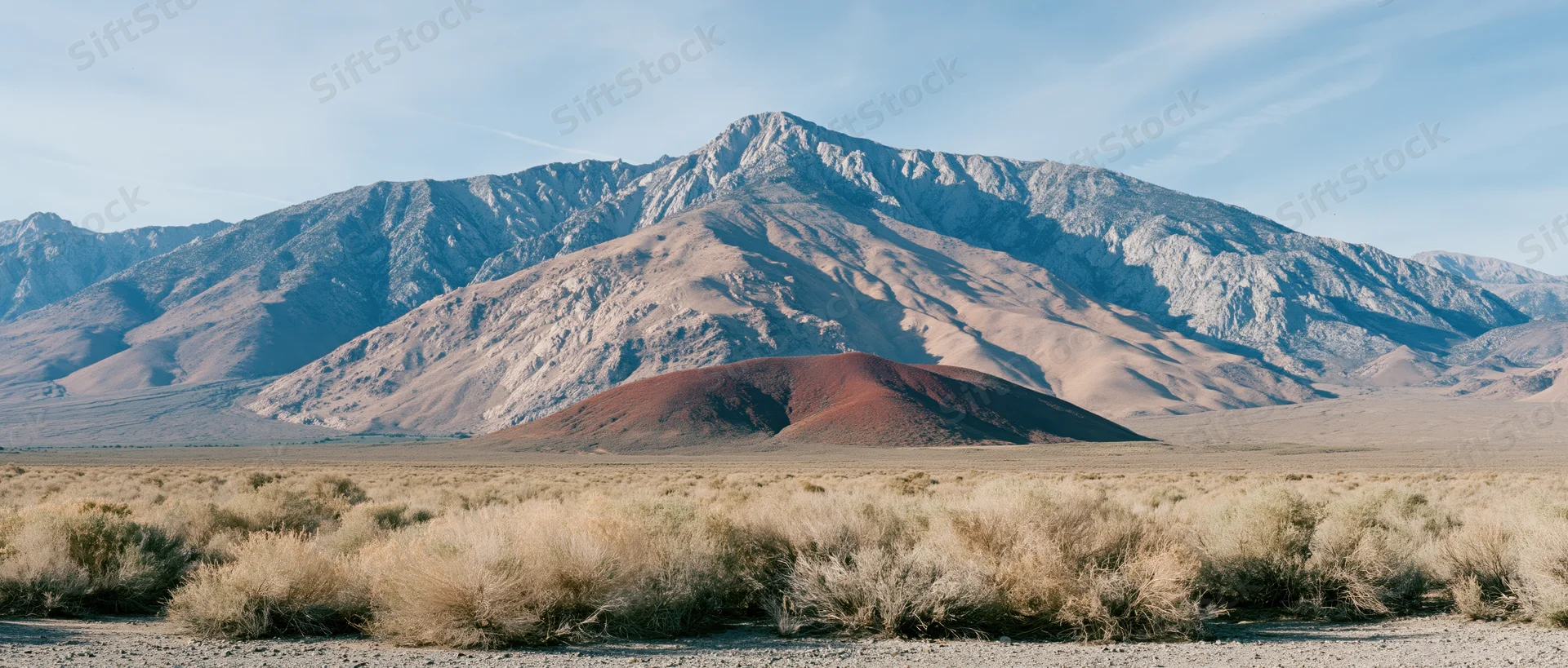 Red volcanic cinder cone in arid desert landscape with distant mountains under blue sky