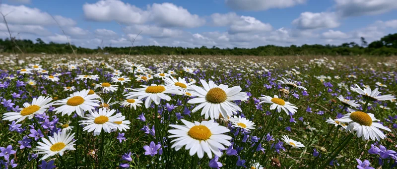White daisies and purple wildflowers blooming in a sunlit meadow under a blue sky with scattered clouds