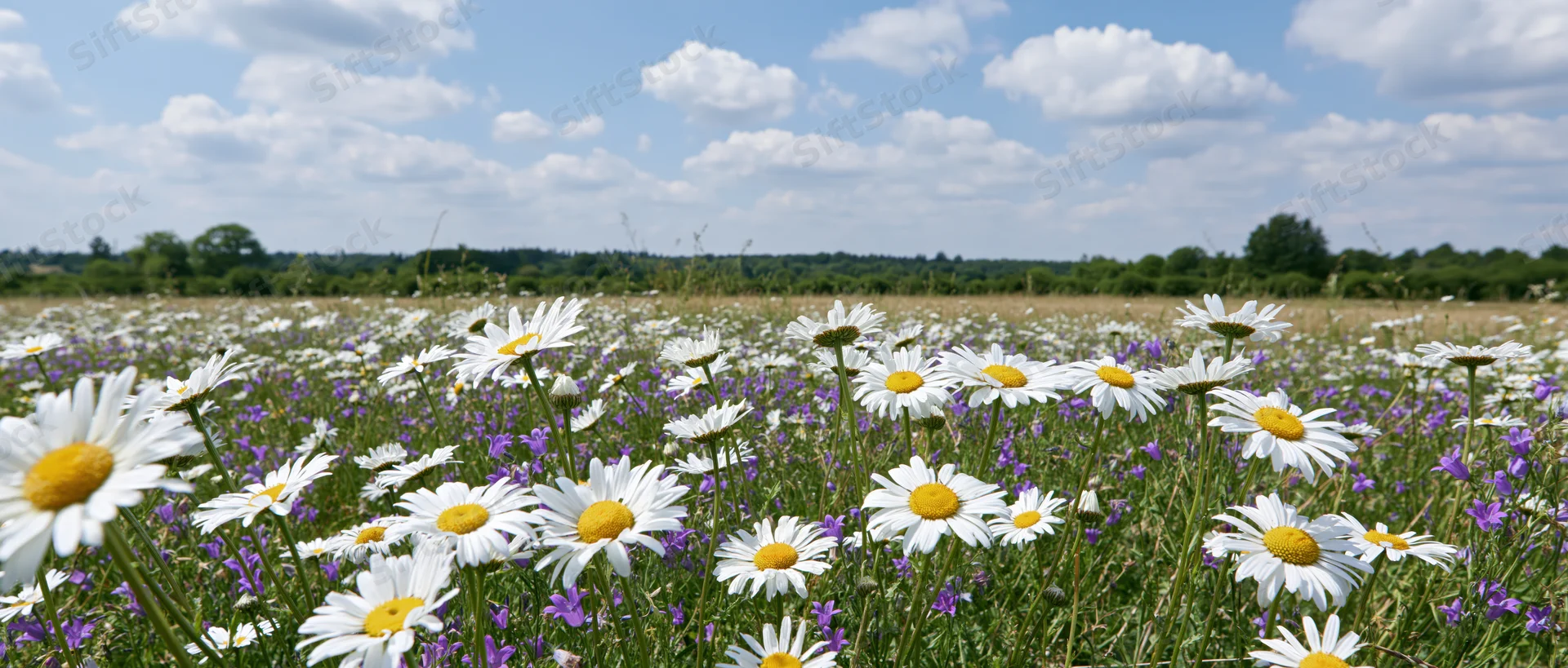 Daisies blooming in a wildflower meadow under a blue sky with scattered clouds