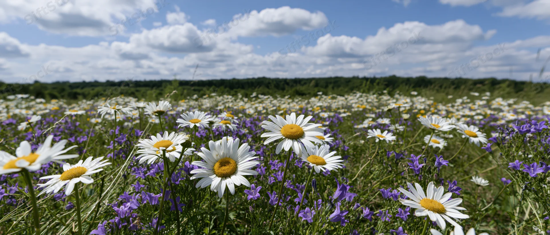 White daisies and purple wildflowers blooming in a sunlit meadow under a blue sky with scattered clouds