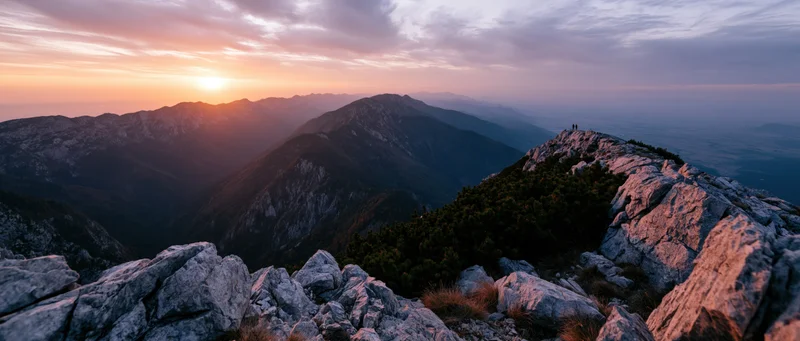 Rocky mountain peak at sunset overlooking a valley with distant ridges and a hiker on the summit