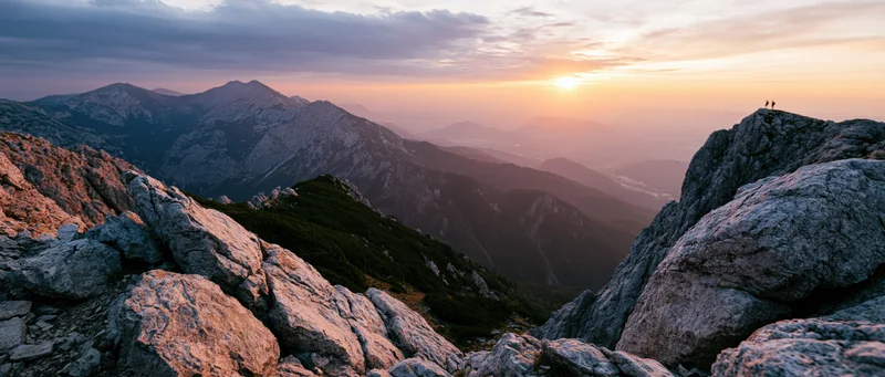 Two hikers standing on a rocky mountain peak overlooking a vast valley at sunset