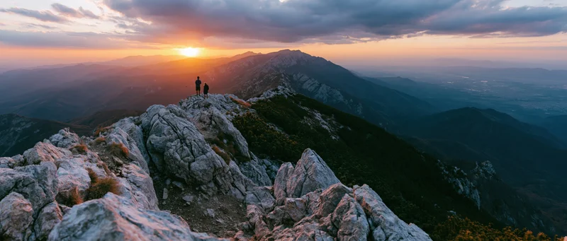 Couple standing on rocky mountain peak at sunset overlooking valley and distant mountains