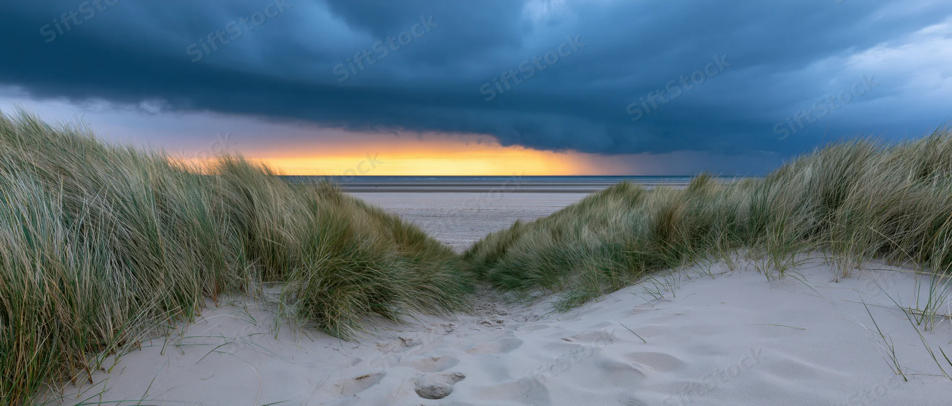 Sandy path between dunes leading to ocean under stormy sky at sunset
