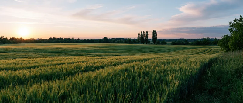 Wheat field at sunset with rows of crops stretching toward the horizon under a soft sky