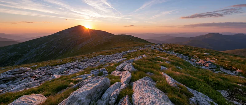 Sunrise over a mountain peak with rocky terrain and grassy slopes in a panoramic landscape view