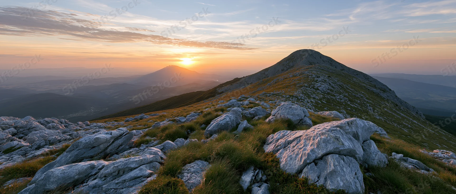 Rocky mountain peak at sunset overlooking a valley with grassy slopes and distant hills