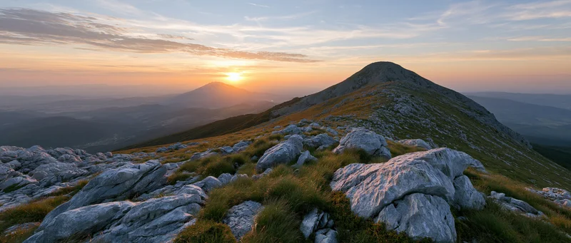 Rocky mountain peak at sunset overlooking a valley with grassy slopes and distant hills