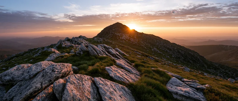Rocky mountain peak at sunset with grassy slopes and distant valleys under a colorful sky