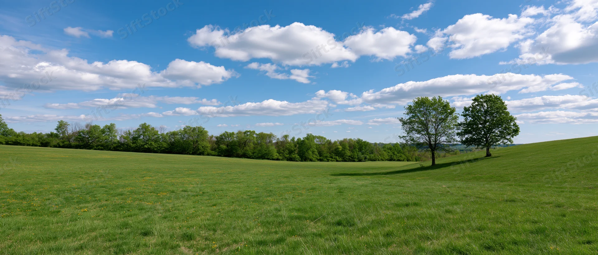 Expansive green field with scattered trees under a blue sky with white clouds