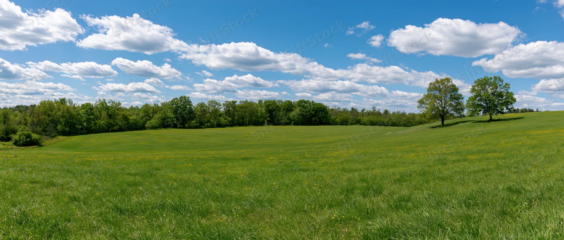 Expansive green field under a blue sky with scattered clouds, bordered by trees on a gentle hillside