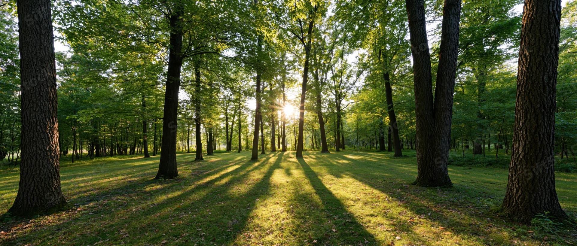 Sunlight filtering through tall trees in a grassy forest clearing