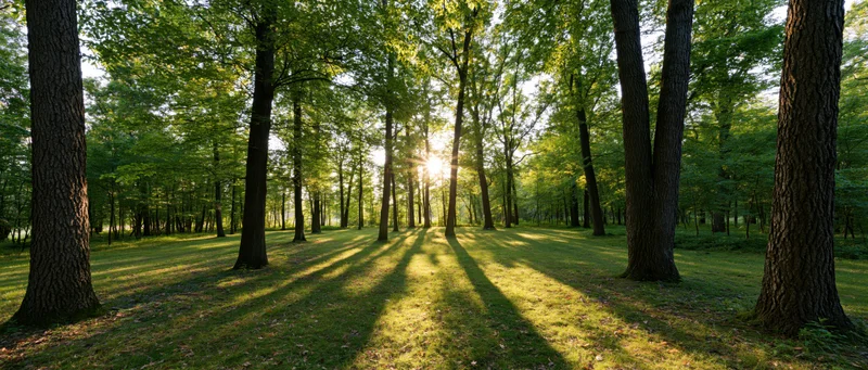 Sunlight filtering through tall trees in a grassy forest clearing
