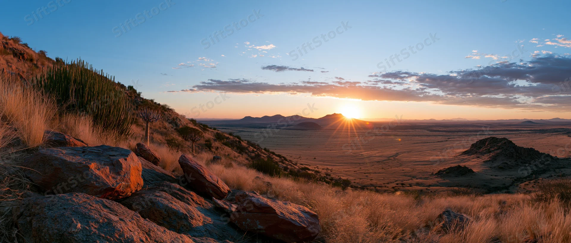 Desert landscape at sunset with rocky foreground and distant mountains under a clear sky