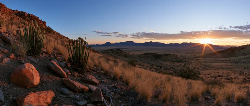 Desert landscape at sunset with cactus and rocks in foreground, mountains in distance