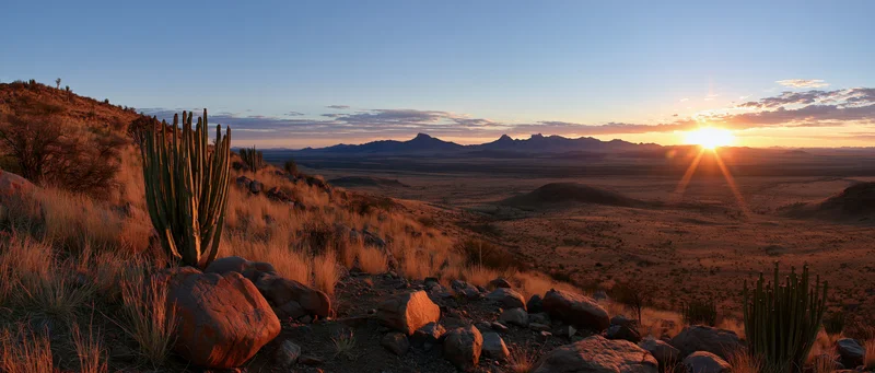 Saguaro cactus on rocky slope overlooking desert valley at sunset