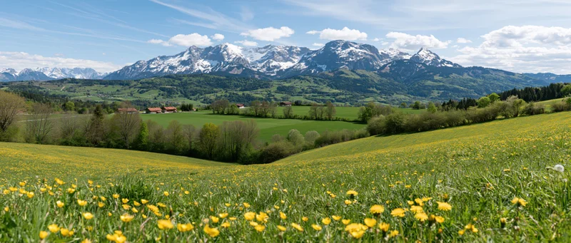 Snow-capped alpine mountains rise behind a green valley with yellow flower meadows and scattered farm buildings