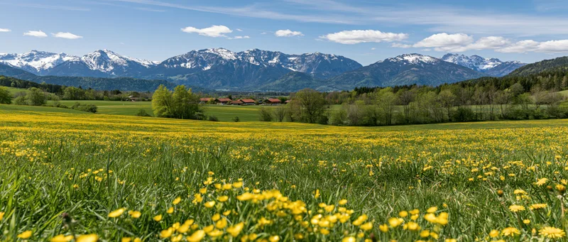 Yellow wildflowers blooming in a green meadow with snow-capped alpine mountains in the background