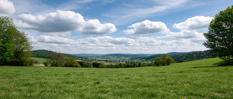 Expansive green meadow with scattered trees and rolling hills under a blue sky with white clouds, panoramic rural landscape view
