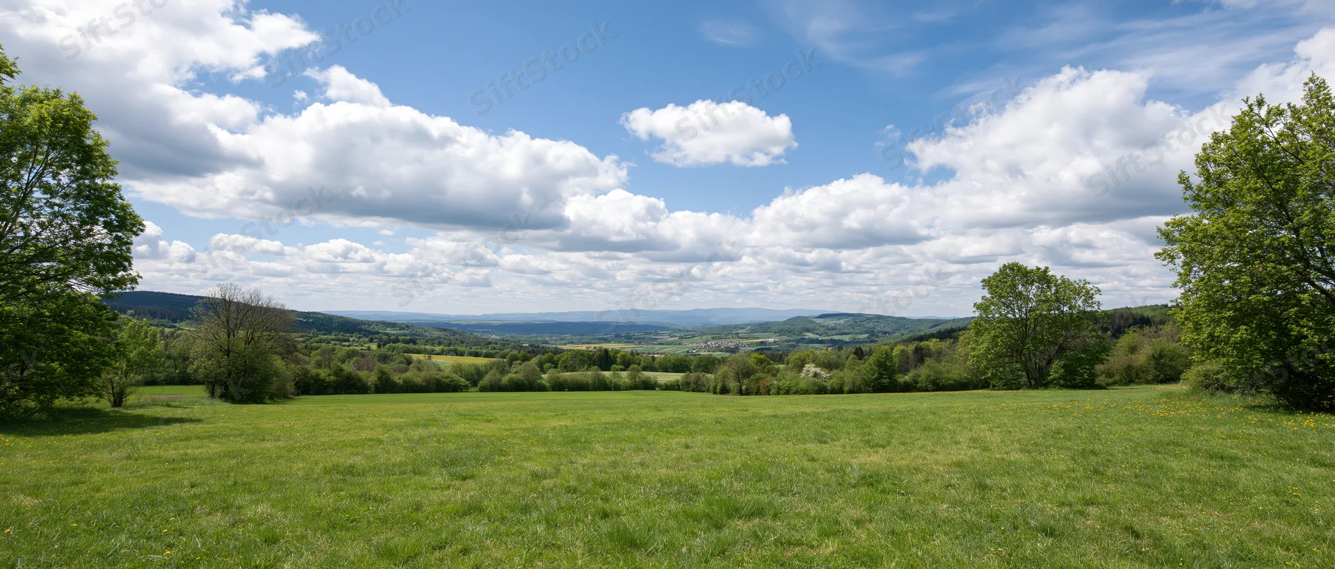 Expansive green meadow under a blue sky with scattered white clouds, bordered by trees and rolling hills in the distance