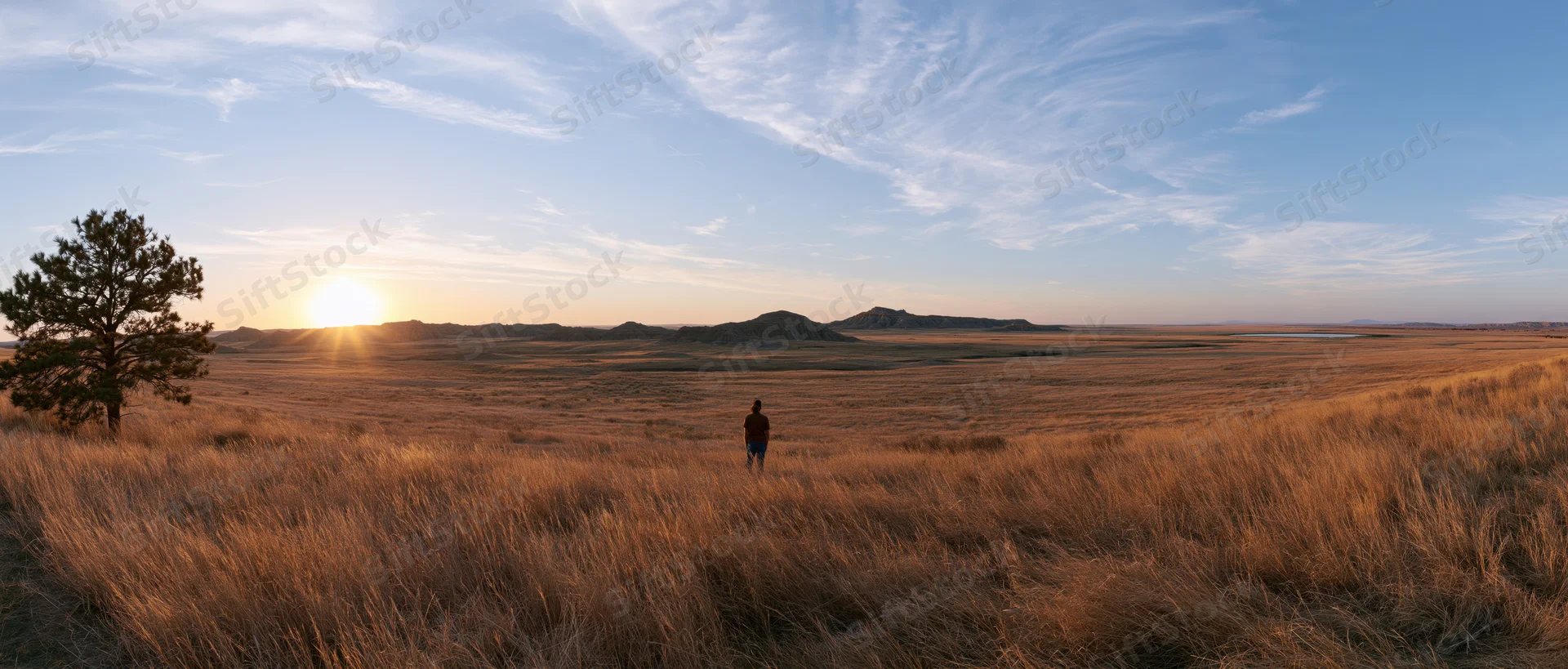 Man standing alone in a vast grassland at sunset, facing distant hills under a wide sky