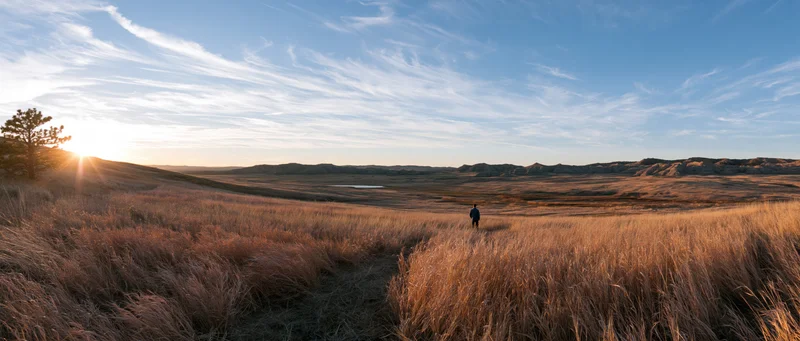 A person walking through a golden grassland at sunset under a vast sky with distant hills and scattered clouds