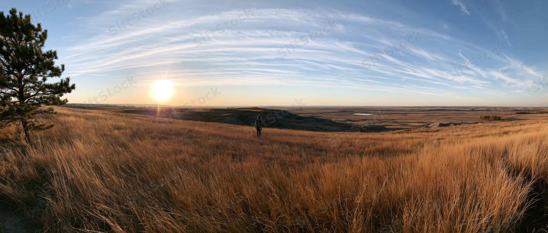 Person walking through a golden grassy field at sunset on a vast open prairie