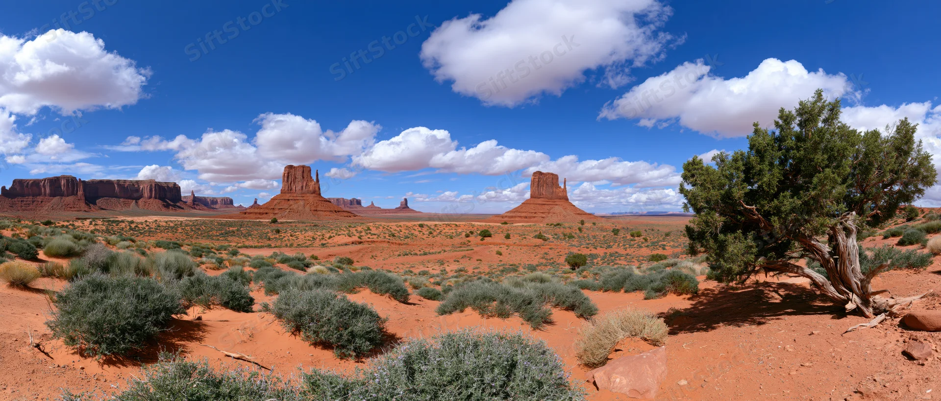 Red rock buttes and mesas in a desert landscape under a blue sky with scattered clouds
