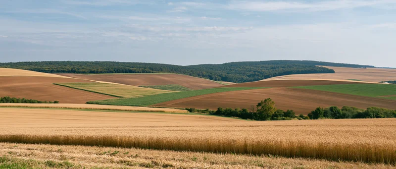 Golden wheat fields stretching across rolling hills under a partly cloudy sky in rural farmland