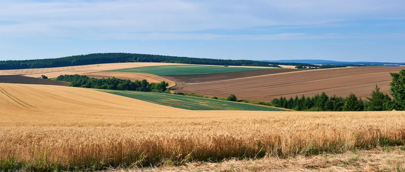 Golden wheat field stretching across rolling farmland under a blue sky with scattered clouds