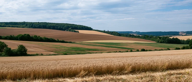 Golden wheat field stretching across rolling farmland under a cloudy sky with distant forested hills