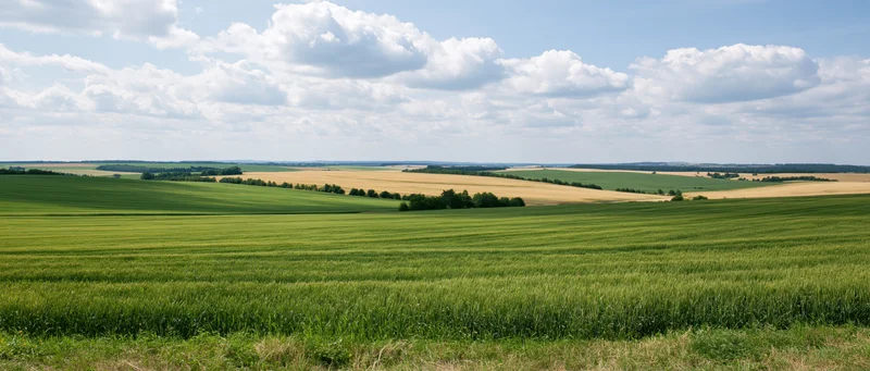 Expansive green and golden crop fields rolling under a blue sky with scattered clouds in a rural countryside landscape