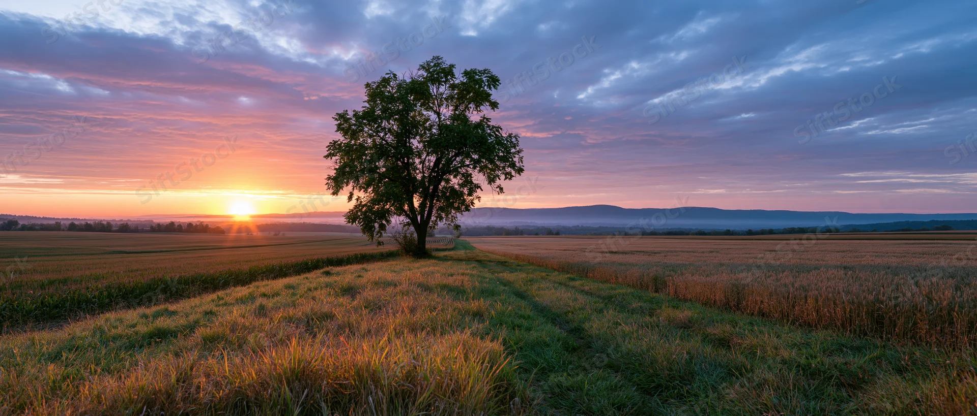 Lone tree standing on a grassy path in a vast field at sunset