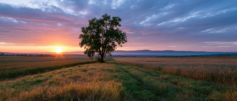 Lone tree standing on a grassy path in a vast field at sunset